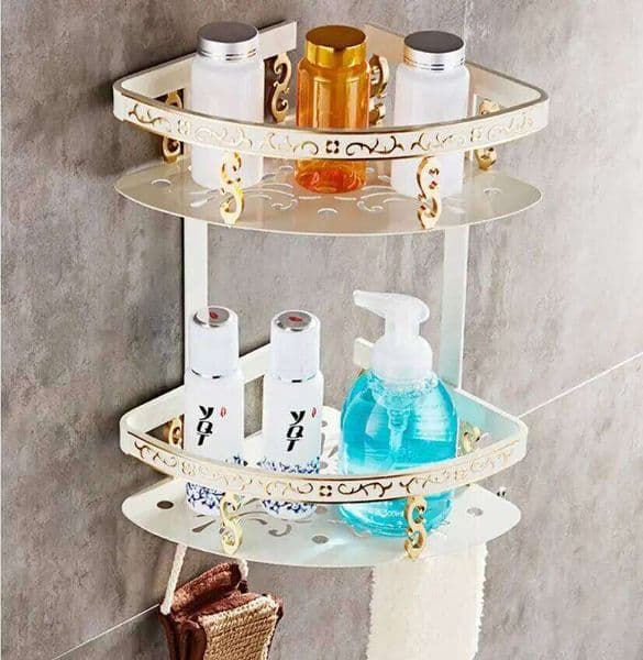 Wall Mounted Gold White Aluminum Corner Shower Shelf Bathroom Accessories Art Carved 26H0202