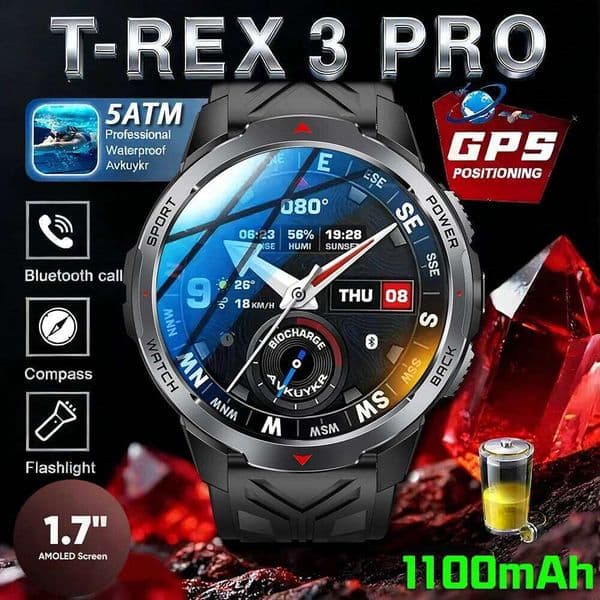 2026 New T-Rex3 Pro 1100mAh Battery Smart Watch GPS path 5ATM Waterproof Sports Run tracker Outdoors Compass Military Smartwatch 26W0202
