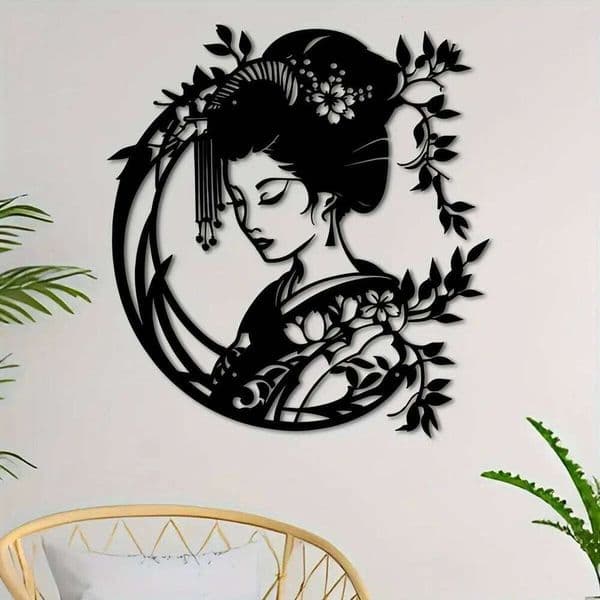 Vintage Japanese Geisha Metal Wall Art, Traditional Oriental Garden Sign for Porch/Yard, Farmhouse Asian Home Decor, Unique Hous 26H0202