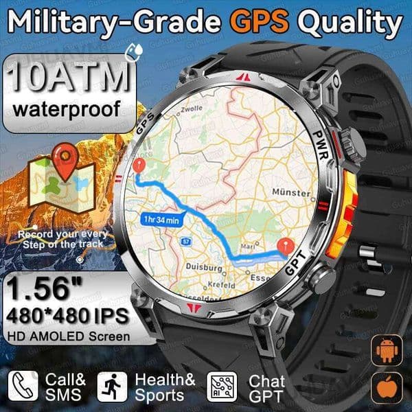 2025New Military GPS Sport Smartwatch Men 650mAh AMOLED Screen Compass Altimeter 10ATM Waterproof Heart Rate Wireless Call Clock 26W0202