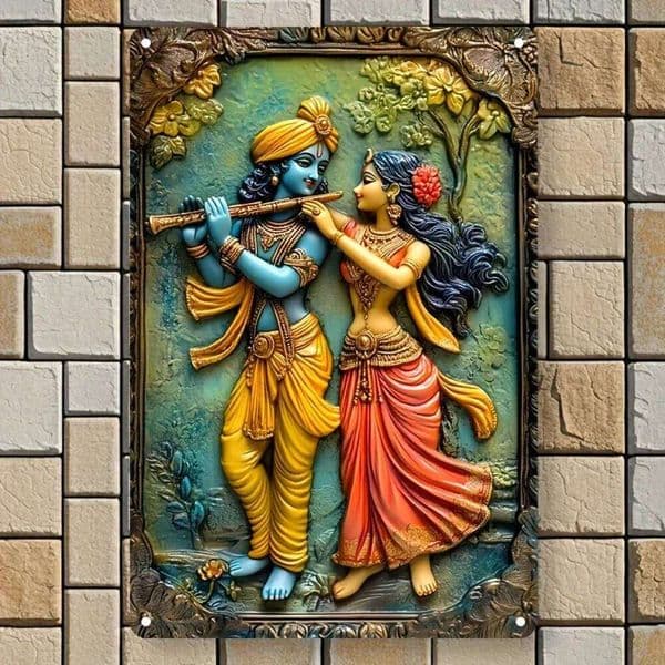 Trendy Krishna & Radha Romantic Love Theme Frameless Square Aluminum Wall Art - Ideal for Home, Office, and Room Decor 26H0202