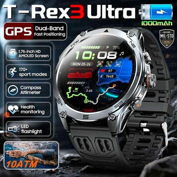 2025 New Military T-Rex 3 Ultra GPS Smart Watch 1000mAh Battery 10ATM Waterproof Compass Flashlight Sports trackr Smartwatch Men 26W0202
