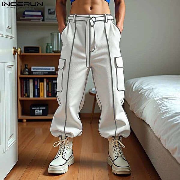 Summer Spring Long INCERUN Trouser Patchwork Men Casual Streetwear Belt Bottoms Oversize Men's Clothing Harem Pants