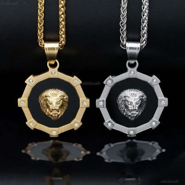 Hip Hop Gear Lion Head Pendant Necklace Stainless Steel Gold Plated Mens Jewelry