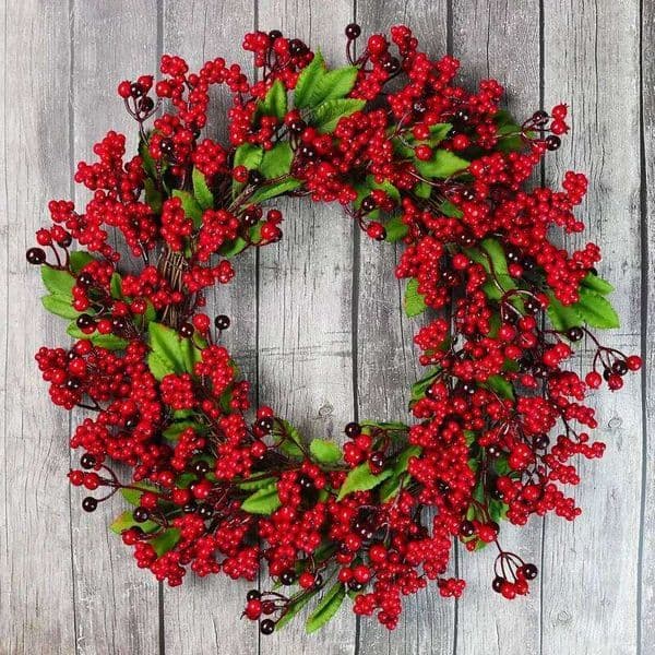 Yannew Christmas Red Berry for Front Door Outside Xmas Handmade Artificial Holly Berries Wreath Winter Home Wall Decor 26Y0202