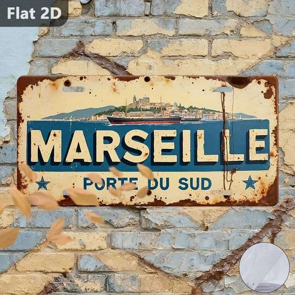2D Flat 1pc Vintage Marseille France Coastal Cityscape Metal Wall Art - 30x15cm Retro French Port Sign with Blue &Painted 26H0202