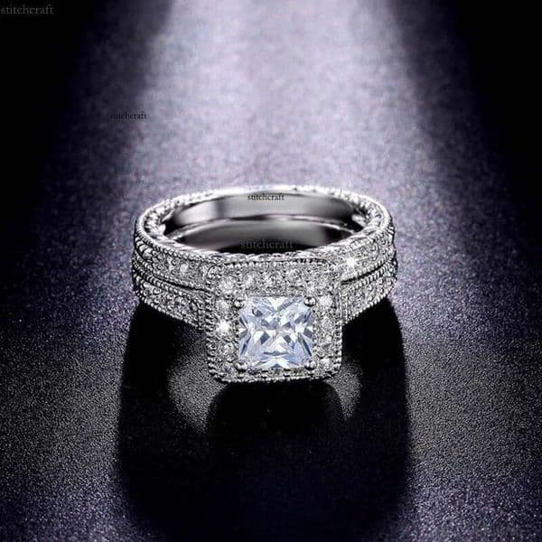 Wholesale Professional Vintage Fashion Jewelry 10KT Gold Filled Princess Cut White Topaz Gemstones Women Wedding Bridal Ring Set Gift