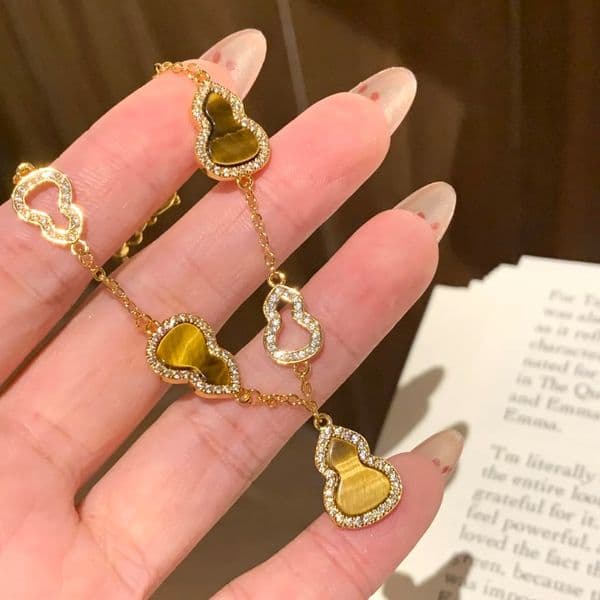 18K Real Gold Plated Tiger Eye Stone Hollow Gourd New Chinese Style Versatile Bracelet Niche High-End Feel Jewelry for Women