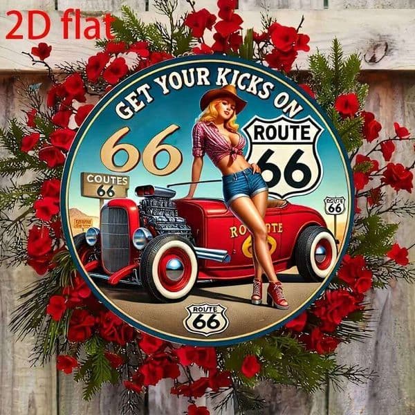 2D Flat Vintage Route 66 Aluminum Wall Sign - 8x8 Inch Retro Metal Decor with Classic Car & Red Roses Design, Perfect for Home 26L0202