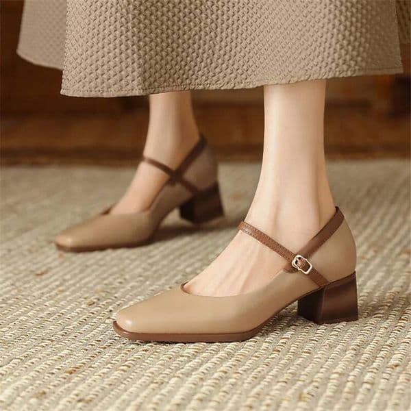 New Genuine Leather Vintage Fashion Square Toe Pumps Chunky Heel Spring Women Zapatos De Mujer Mary Jane Shoes ddmythur