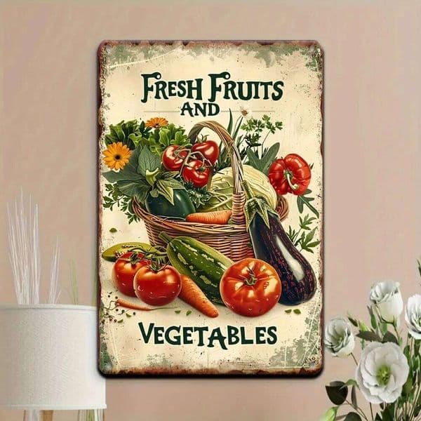 Vintage Metal Decorative Sign "Fresh Fruits and Vegetables" - Retro Tin Wall Art for Supermarket/Kitchen/Garden/Restaurant 26H0202