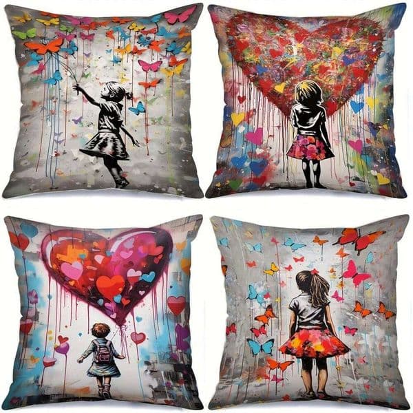 Pillow Case Home Decor Girl, Heart & Colorful Butterflies Covers Pattern Cushion Suitable For Sofa Bedroom Car Pillow Cover 26Y0202
