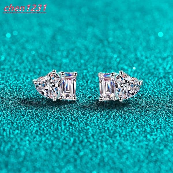 S925 Silver Womens High-end Simple PT950 Gold Princess Style Niche Square Heart-shaped Moissanite Stud Earrings