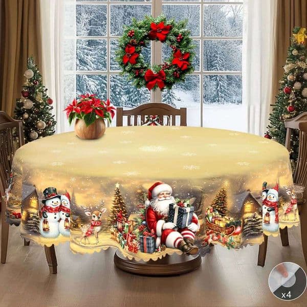 1 Piece Christmas-Themed Printed Tablecloth, Vintage Country Farmhouse Style, Santa Claus, Snowman, Reindeer, Christmas Tree Pattern 26W0202