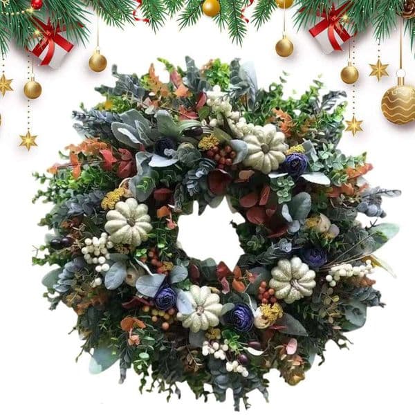 Door Wreath Fall with White Pumpkin and Leaves Rustic Decor Garland Decorations for Entryway Fireplace Porch Patio 26Y0202