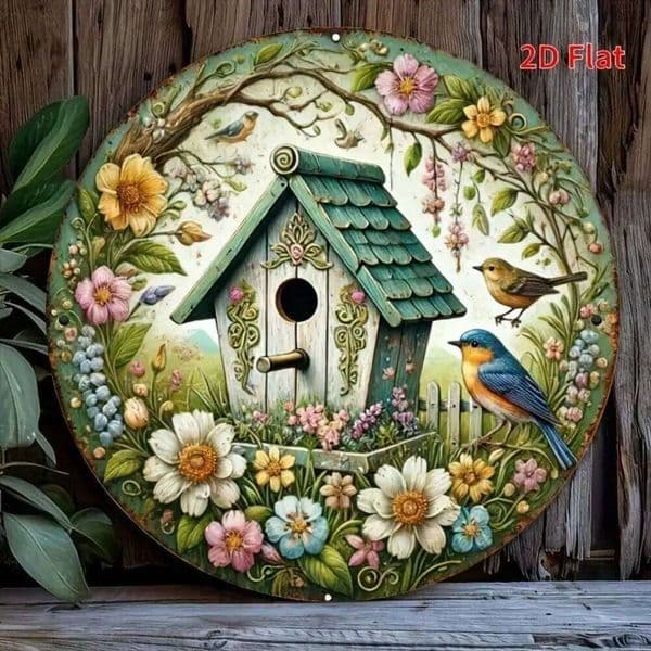 Vintage Floral Birdhouse Tin Sign, Retro Wall Art Metal Plaque for Home Kitchen Cafe Decor 26H0202