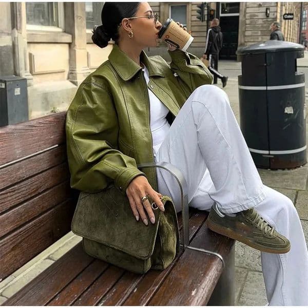 Trend Vintage Green Long Sleeve Lapel PU Leather Jacket Women Short Coat Zipper Button Spring Autumn High Street Outerwear Tops 260120