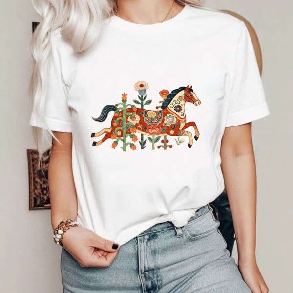 2026 Year Of The European American Summer New Womens Japanese And Casual Horse Floral Pattern Printed Loose Short Slve T-Shirt S260526