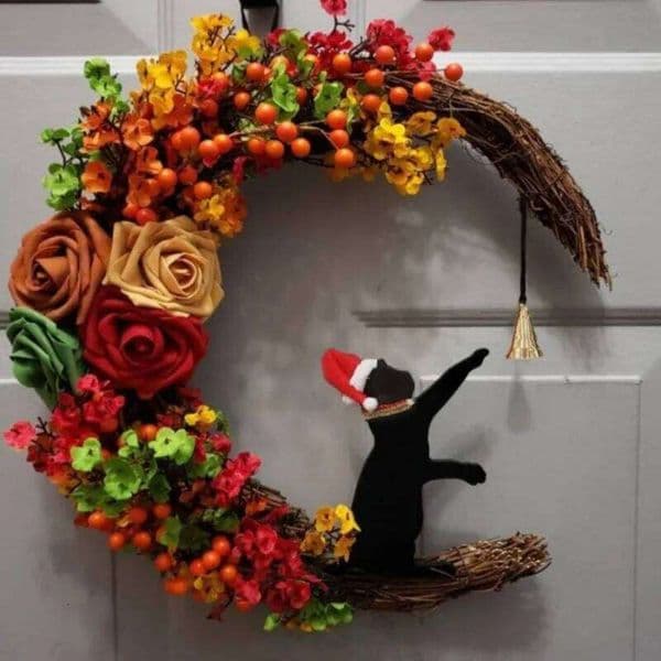 Creative Moon Floral Wreath Hanging Decor Christmas Home Window Ornament for Cat Lovers Festive Door Wall Decoration 26Y0202