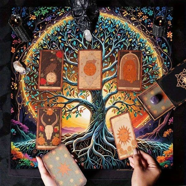 1PC Mystical Life Tree Sun Moon Full Mandala Altar Cloth Bohemian Tarot Tablecloth Starry Sky Black Prophet Pad For Witchcraft 26W0202