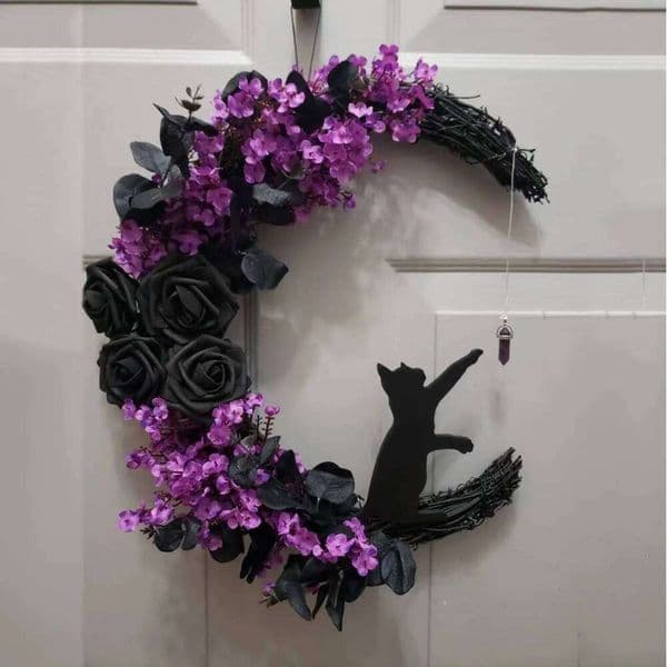 1 Pcs Halloween Moon Cat With Rose Black Decorations Halloweens Garland Wreath For Front Door Decor 26Y0202