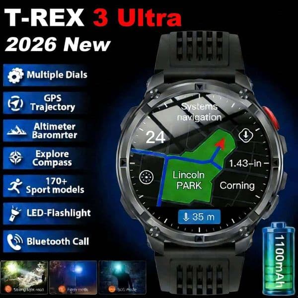 New T-Rex3 Pro 1100mAh Battery Smart Watch GPS path 5ATM Waterproof Sports Run tracker Outdoors Compass Military Smartwatc 2026 26W0202