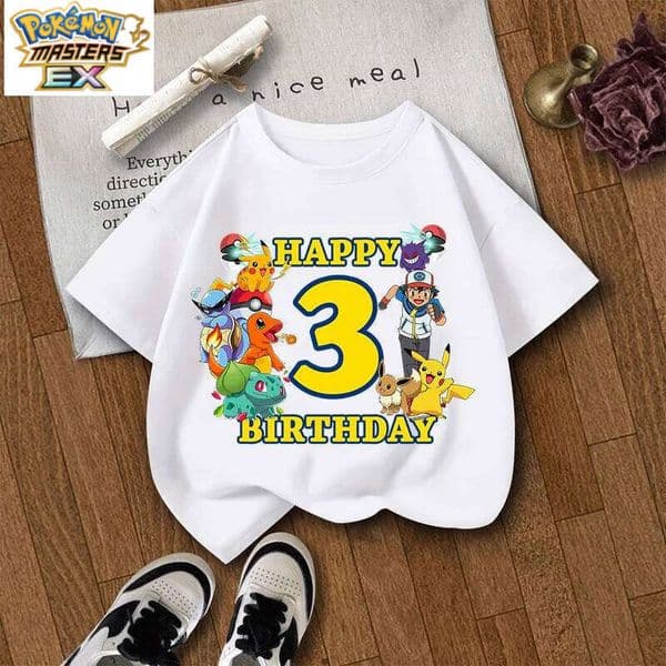 Anime Pokemon Kids Birthday Number T-shirts Cartoon Pikachu Boys Girls Tees Short Sleeves Printed Children Tops Summer Clothes L260131