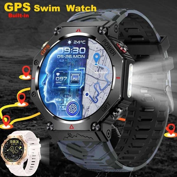 New Swimming Smart Watch IP69K Waterproof Flashlight BT Call GPS Compass Amoled Military Sport Smartwatch Men Women 26W0202