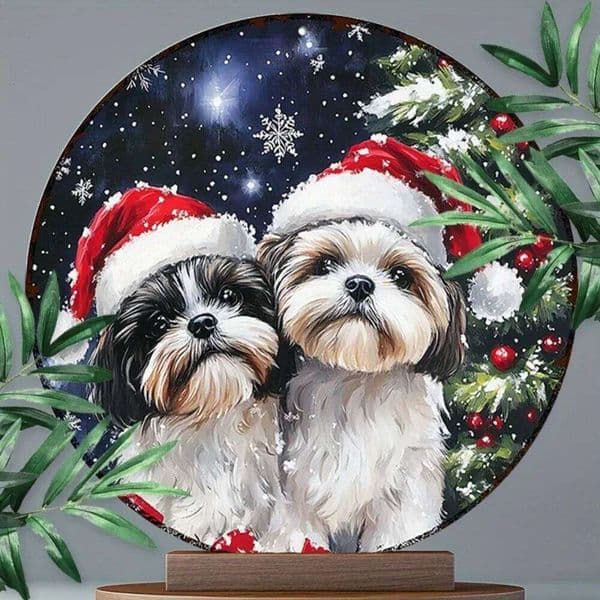 Vintage Tin PaintingShih Tzu Christmas Aluminum Wall Art - Round Metal Sign, Festive Home & Garden Decor For Dog Lovers 26H0202