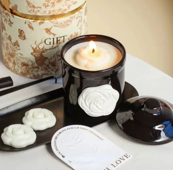 French Camellia Black Ceramic Mug Aromatherapy Cup Coffee Mugs Home Decoration Candle Wooden Holder Candle holder