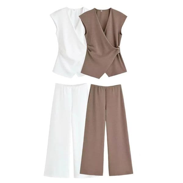 Simple Style Wide Leg Pants 2 Pieces Sets For Women Ruched Pin Vest Top Trousers Womens Suit 2025 Casual Woman Outfits 260122