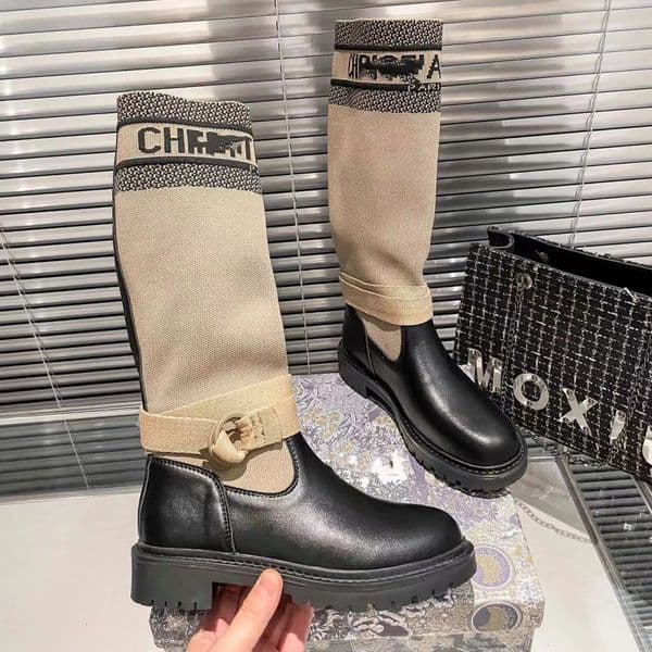 2026 new model Designer's new knitted boots with embroidered letters on women's leather, thick soled knight boots with thick heels, knee high boots