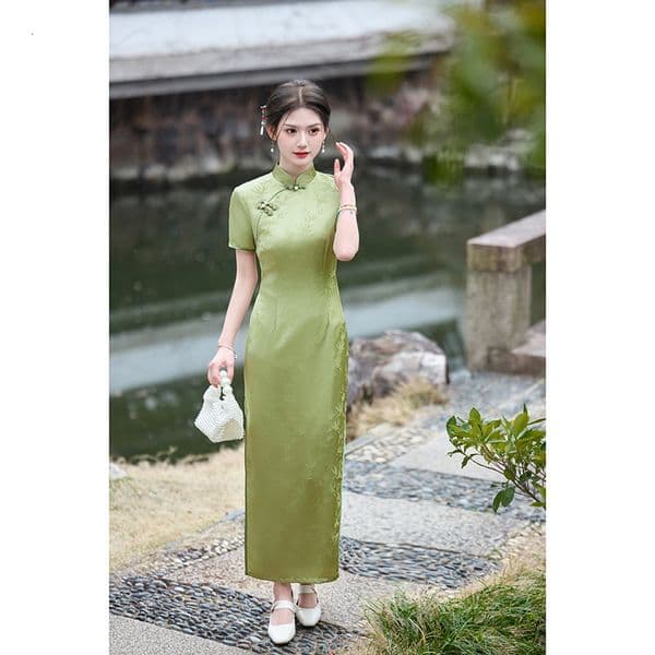 Designer's Antique New Green Qipao Jiangnan Gentle Lady Jacquard Bamboo Leaf For Daily Sexy Tight Dress Long Summer 7110