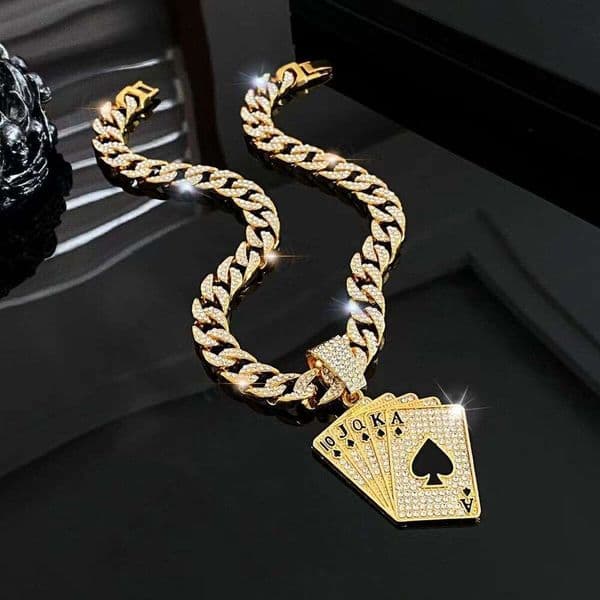 Gold Black Spade Playing Card Pendant Necklace For Men European And American Full Diamond Cuban Chain Domineering Trendy Brand