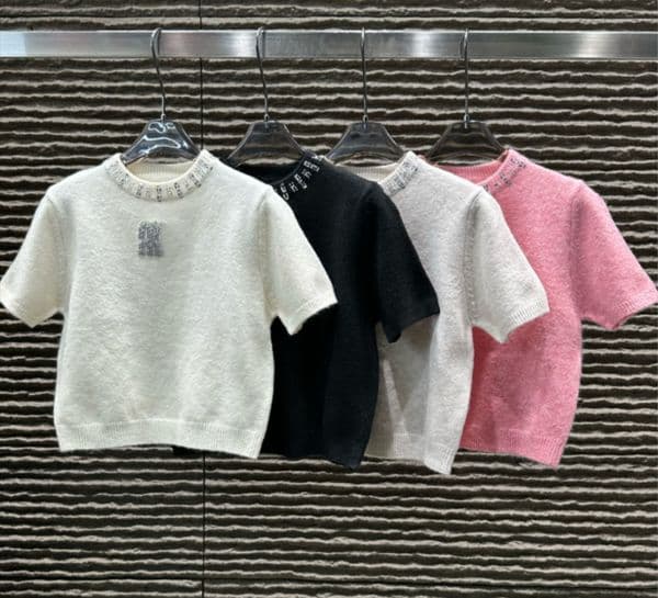 2026 Women Luxury Designer Knit Tees Sexy Fit Rhinestone Cropped Tees Summer Birthday Party Versatile Casual Knitwear Sweater