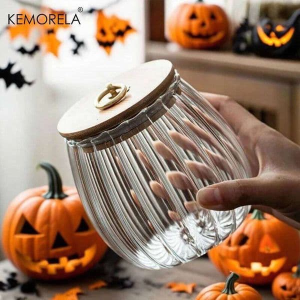 1PC Halloween Themed Glass Candy Storage Jar with Wood Lid Airtight Canister for Grain Beans Snacks Kitchen Decoration 26Y0203