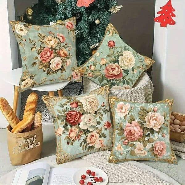 4pc Vintage Light Green Rose Pattern Home Decor Pillowcase Living Room Sofa Polyester Cushion Cover with Zipper 26W0203
