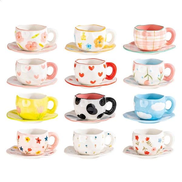 12 styles Creative Cute Ceramic mug Espresso Coffee Cup with Saucer Hand Pinched Irregular Flower Clouds Breakfast Milk Tea Cups 260124