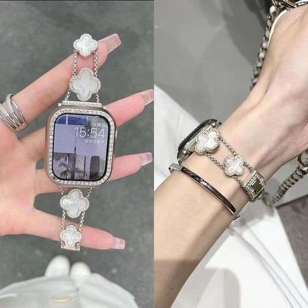 Dual Chain Clover Mother-of-Pearl Strap Fashion Bracelet Band Compatible with Apple Watch Series 2-10 SE Ultra