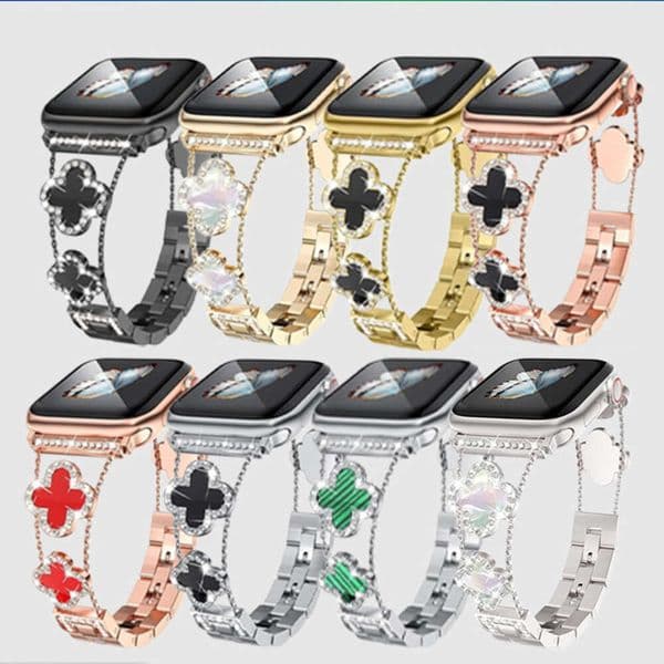 Multi-Color Clover Diamond Band Bling Metal Bracelet Compatible with Apple Watch Series 1-8 SE Ultra