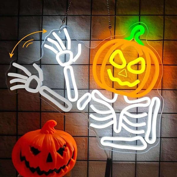 Waving Pumpkin Dimmable Skeleton Flashing Neon Sign Wall Decor for Halloween Window Party Game Room 26Y0203