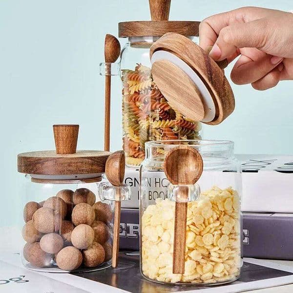 Glass Sealed Jar Five Grains Coffee and Tea Can with Wooden Spoon Seasoning Bottle Kitchen Moisture-proof Storage Tank 26Y0203