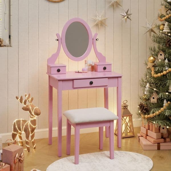 Elegant Wood Makeup Vanity Table and Stool Set Pink Finish Furniture with Matching Chair