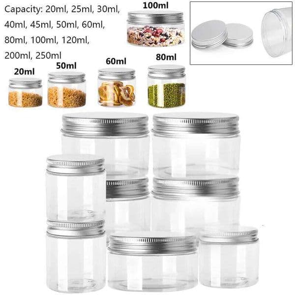 5pcs Aluminum Cap Sealed Cans PET Empty Transparent Plastic Bottles 15Sizes Wide Mouth Jar Oil Wax Packaging Container With Lids 26Y0203