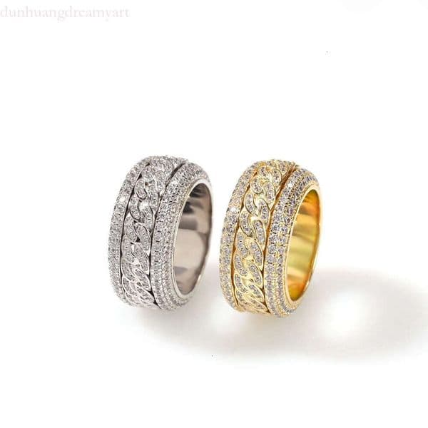 Hip Hop Rotatable Cuban 18K Gold & Sterling Silver with Moissanite Diamond - designer Trendy Fashion Ring for Women