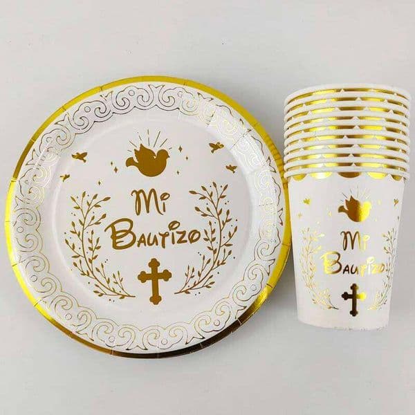 20 Pieces Spanish Mi Bautizo 7inch Paper Plate and 250ml Cup For Spain Kids Baptism Party Decoration Items 26L0203