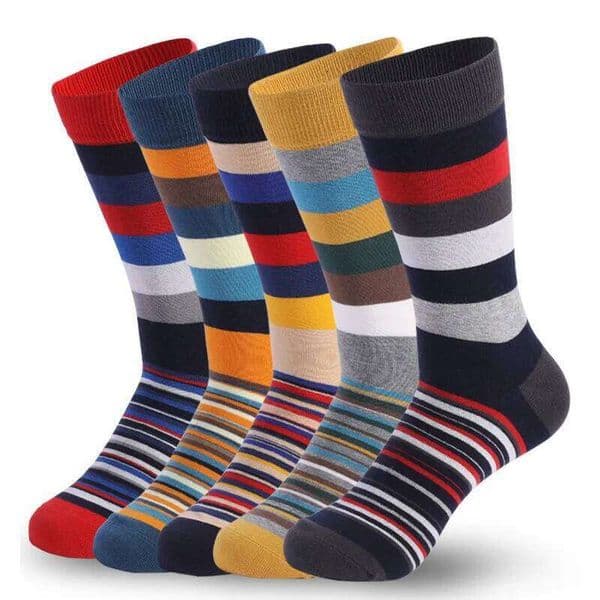 5 pairs of men's classic colored mid-calf socks with thick and thin stripe patterns 26W0203