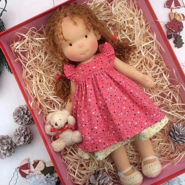 Waldorf Handmade Soft Cotton Cloth Doll Gift Set Paired with Crochet Sweater Woven Bag Floral Dress for Girls Kid Birthday Toy 260124