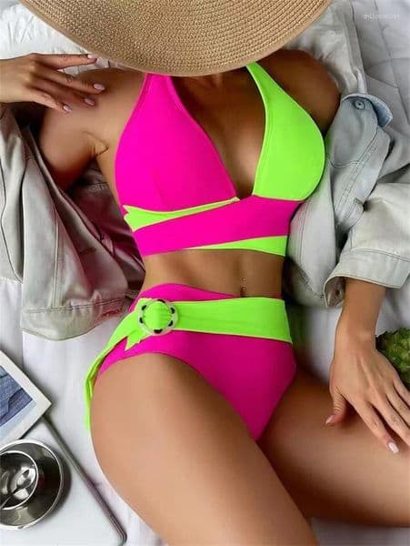 Women's Swimwear Sexy Pink Patchwork Bikini Set 2026 Women Bandage Cross Buckle Belt High Waist Swimsuit Beach Bathing Suit 2 Piece