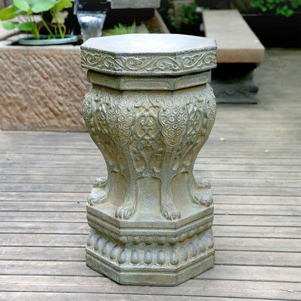 Stone-like Drum Stool Base, Modern Chinese Courtyard Plant Stand Pedestal, Vintage Carved Zen Decor Pier